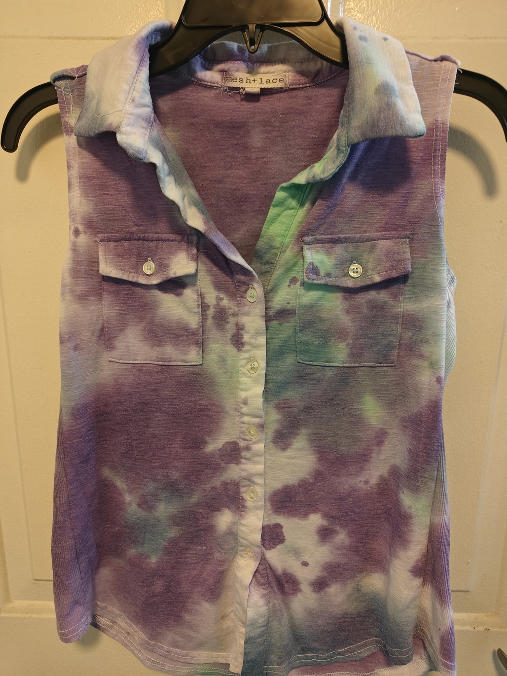Sleeveless Tie-Dye Button-Up Tank Top in Purple & Teal by MESH+LACE